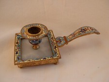 ANTIQUE FRENCH ENAMELED GILT BRONZE,WHITE ONYX CANDLE HOLDER,LATE 19th CENTURY