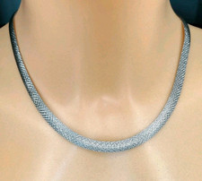 Ancien Collier Ras De Coup Mailles Plate En Argent Massif 925.