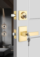 Gold Door Handle with Deadbolt, Square Contemporary Brushed Gold Exterior Door L