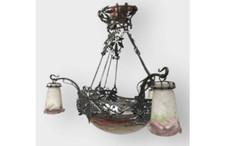 ancien lustre art déco en fer battu et pâte de verre signé MULLER Frs Lunéville