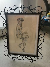 dessin original de pin-up années 50 dans son cadre vintage