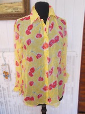 Chemisier leger 100% soie jaune imprimé coquelicot CHANON T.3 2/44 manche longue