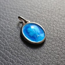 Ancienne médaille religieuse émaillée ovale bleue argent massif vierge Marie...