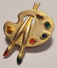 Broche Vintage Dorée Émaillée Palette Artiste Peintre Peinture Pinceaux #MB1# H5