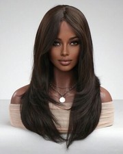 Perruque Synthétique Brune Marron Mi Long Lisse Wig Femme Avec Frange +1 Bonnet