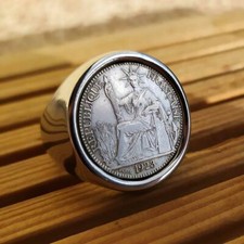 Bague Chevalière Véritable Pièce 10 Centimes Argent Massif Indochine Fait Main