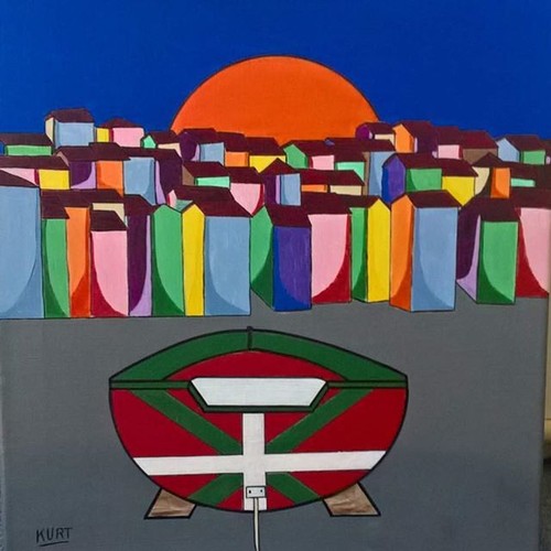 Tableau naif barque en - barque,