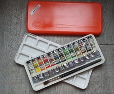 Ancien coffret de peintre/HUILE FINE 12 tubes LA PÉBÉO POUR DECORATION 1970s