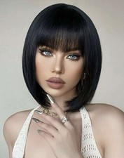 Perruque Courte Carré Noir Femme Cheveux Synthétique Lisses Wig Frange +4 Bonnet