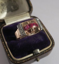 Bague Tank Art Déco 1940 or rose massif 18 carats platine diamant rubis Verneuil