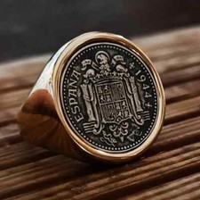 Bague Chevalière Ronde Véritable Pièce PESETA Armoiries d'Espagne