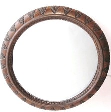 Miroir Cadre Rond Art Déco ancien circa 1930 Ornements en Bois sculpté Soleil