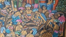 BALI Tableau art naïf Balinais scène de Combat de coq  XXe N°1
