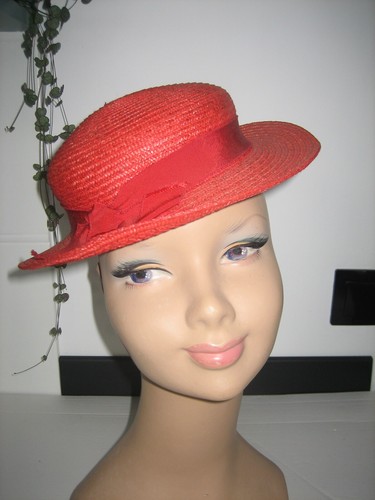 Ancien chapeau paille rouge - ancien,