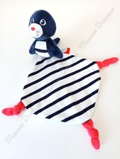 Doudou Plat/Mouchoir Phoque Navire Bleu Marine Blanc Rouge Rayé Armor Lux Breton
