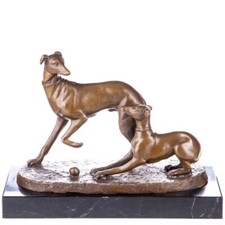 Antique Sculpture Chiens de chasse en bronze Sur un marbre noir Signée