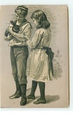 Carte Gaufrée - Jeune fille et un garçon, ce dernier tenant un lapin dan - 21330