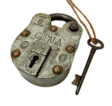 Ancienne serrure à tampon en laiton Gopala lourde et forte fait main 1930 vin...