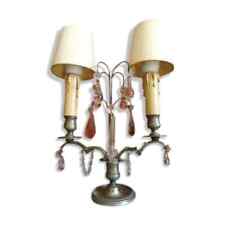 Superbe Ancienne girandole candélabre lampe laiton nickelé pampilles 1920 2 feux