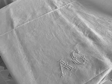 Linge Ancien Nappe DE MARIAGE Damassé De Soie Double Monogrammes AC
