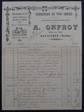 Billhead Facture 1912 MALICORNE serrurerie ONFROY cycle vélo balcon grille 123