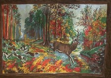 ANCIEN TORCHON Coton 47x68cm-  Vintage . Décor Chasse - Cerf - Meute de Chiens