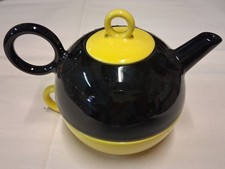 Théière Noire et jaune avec son bol - Vintage