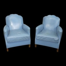 Paire de fauteuils Club en cuir bleu Art Déco 1925 / 1930
