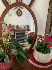 GRAND MIROIR biseauté oval ancien en merisier avec inscriptions VINTAGE