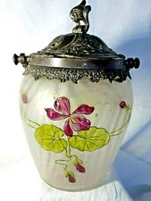  Seau à biscuits ancien en verre givré émaillé décor floral Art Nouveau