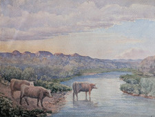 Troupeau de Vaches. Aquarelle signée. Watercolor Herd of Cows