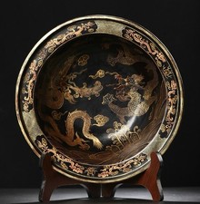 13.2" chinois laque bois sculpture 2 Dragon jouer perle plaque plateau