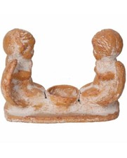 Photophore bougeoir en terre cuite statue deux anges patine beige - 24 cm