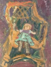 Très Belle Peinture nature morte Chaise Poupée Huile Panneau Simon Claude Vanier