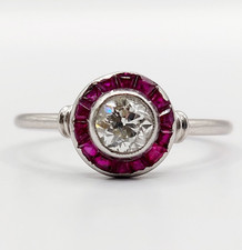 Bague cible art deco Platine diamant taille ancienne et rubis (circa 1910)