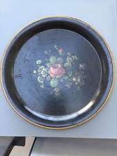 GRAND PLATEAU ROND NOIR NAPOLEON III.DECOR FLORAL TÔLE PEINTE
