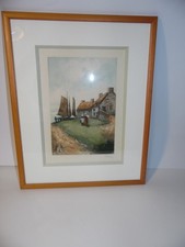 Ecole Bretonne XXème :Tableau Aquatinte, "Vue de chaloupes sardinières", Signée.