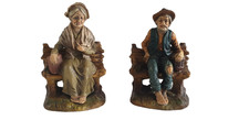 Porcelaine Biscuit coloré Couple de retraités sur un banc - Statuettes Vintage