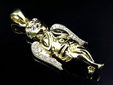 10k Yellow Gold Praying Angel Cherub Real Diamond Pendant Charm 1.25" (0.15Ct)