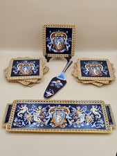 Gien Renaissance Service cake faience bleu plat 12 assiettes pelle à tarte 1940s