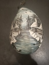 Peinture Paysage scene village rivière pêche africain Signée Thiam