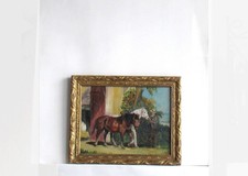 CADRE ANCIEN BOIS DORE PEINTURE HUILE SUR TOILE "CHEVAUX "