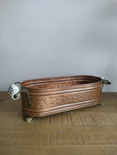 Ancienne Jardiniere Cuivre Poignée Porcelaine Bleu Delft Pattes De Lion- Vintage