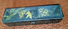 ANCIENNE BOITE A GANTS COFFRET BIJOUX EN BOIS LAQUE NOIR ET PEINTURES OISEAU ET