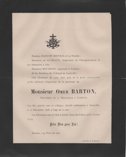 1898 faire part décès omer - faire-part,
