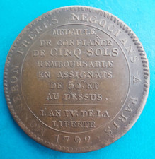 Monneron 5 cinq sols an IV 1792 remboursable , départemens , frappe monnaie , 2e