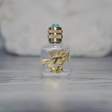 3.6 cm de haut, miniature de parfum vide, bouteille en verre décor oiseau