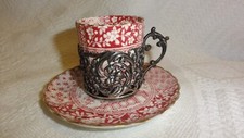 ANCIENNE TASSE ET SOUCOUPE ROSE MIKADO DECOR CHINOIS AVEC SUPPORT METAL ARGENTE
