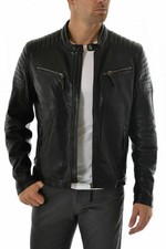 Blouson cuir motard noir moto véritable peau d'agneau homme neuf vintage...