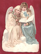 Très Rare Grand Chromo Decoupis Magnifiques Bébés Filles Anges De Noël Chantant